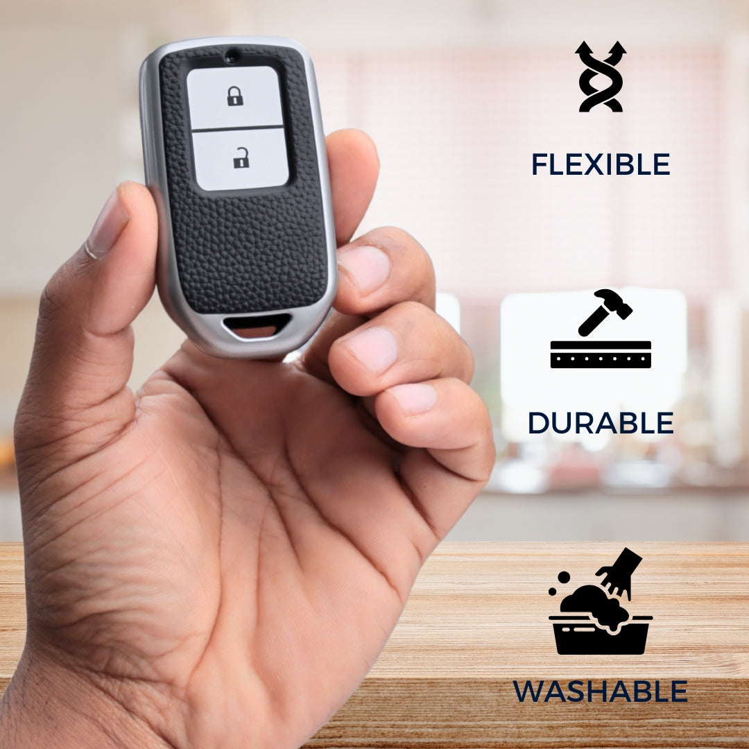 TPU Leather Key Cover For Honda Accord, City, Amaze, Civic WR-V, BR-V, CR-V, City, Jazz 2 button Smart Key with Keychain.