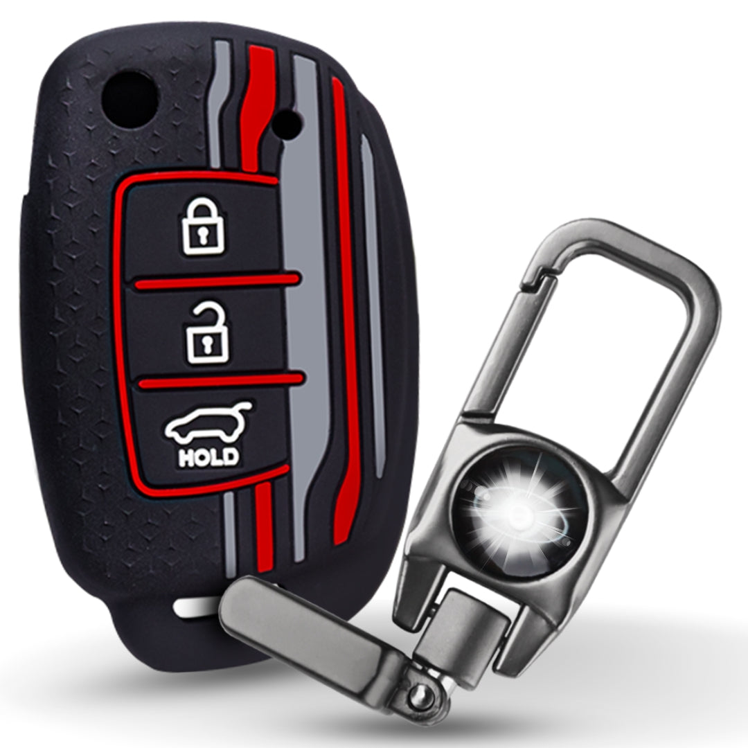 Keycept Tristar Silicone Car Key Cover for Hyundai Creta, Venue, Aura, i20, Grand i10 Nios, Xcent 3 Button Flip Key with Keychain (Type K8)