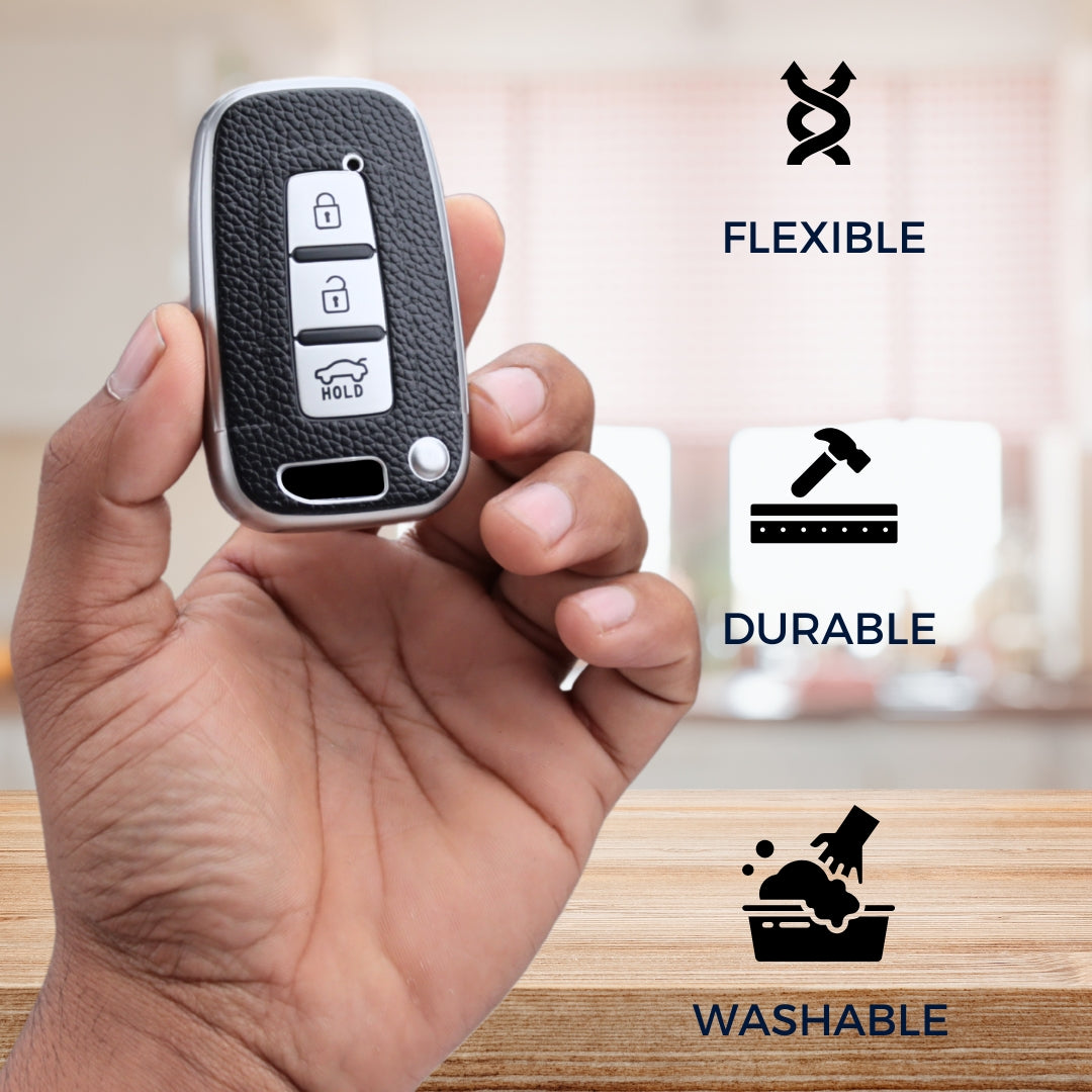 TPU Leather Key Cover For Hyundai Elantra, Old Verna, Old i20 Push Button Smart Key with Keychain.