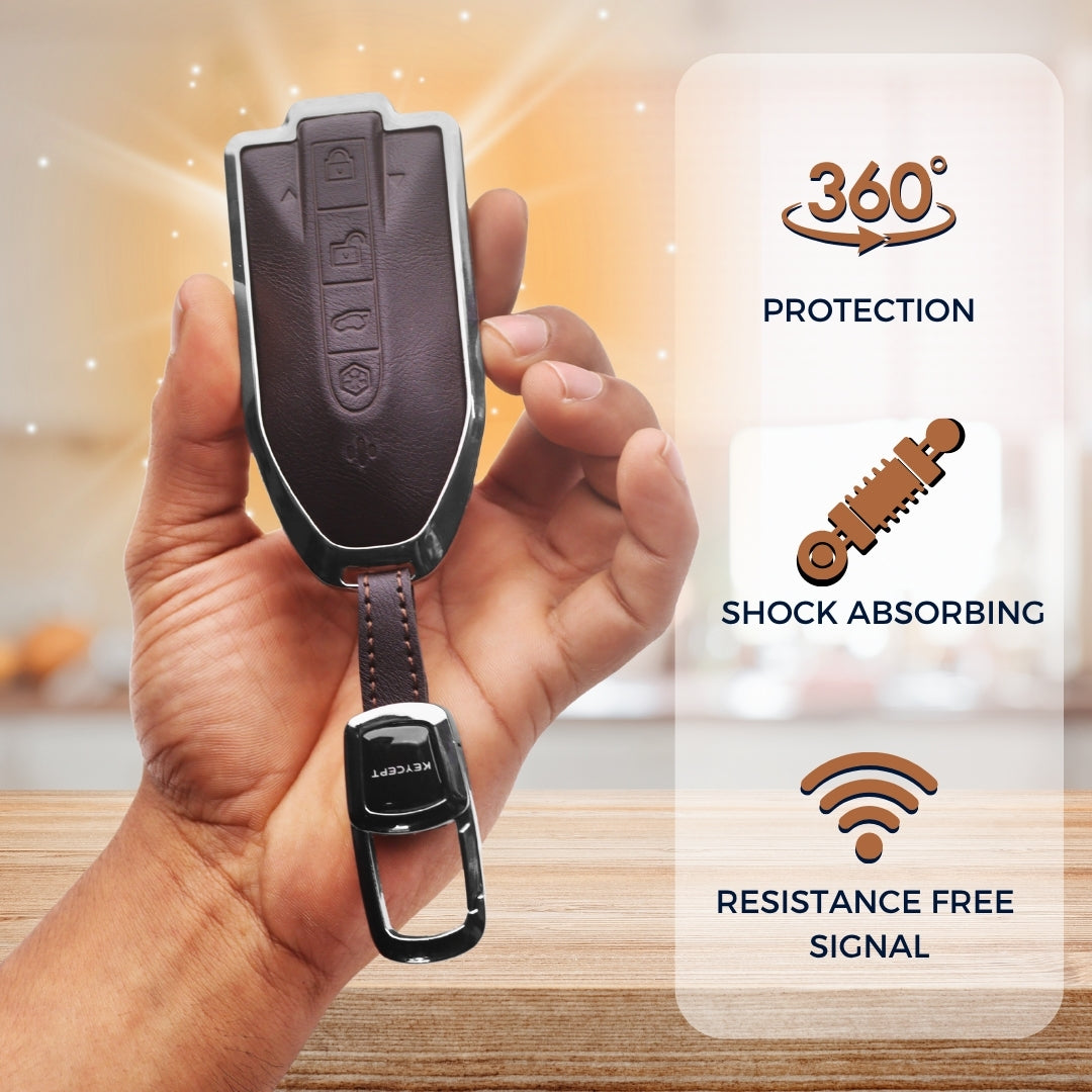 Mahindra Titane Crest Genuine Leather Car Key Cover with Keychain (Type M7)