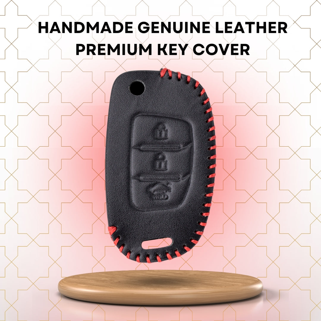 keycept leather key cover for Creta, Venue, Aura, i20, Grand i10 Nios, Xcent 3 button smart key With Keychain.