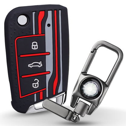 Keycept Tristar Silicone Car Key Cover for Skoda Kushaq, Octavia, Kodiaq, Superb, Slavia, Passat, Virtus, T Roc 3 Button Flip Key with Keychain (Type K8)