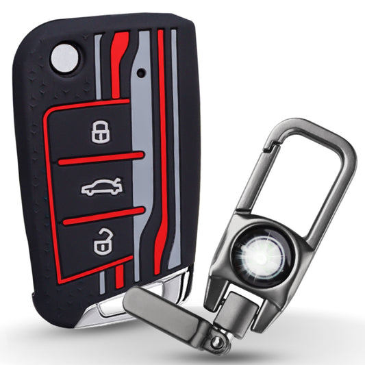 Keycept Tristar Silicone Car Key Cover for Skoda Kushaq, Octavia, Kodiaq, Superb, Slavia, Passat, Virtus, T Roc 3 Button Flip Key with Keychain (Type K8)