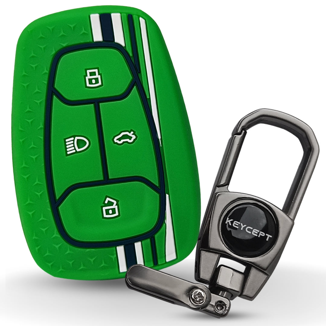 Green TriStar Silicone Key Cover for Tata Nexon, Altroz, Harrier, Tigor, Punch, EV, Safari 2021 Smart Key with Keychain