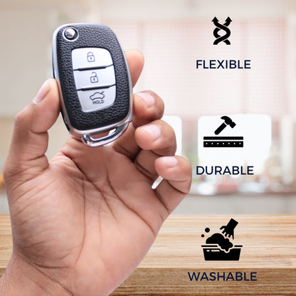 TPU Leather Key Cover For Hyundai Creta, Venue, Aura, i20, Grand i10 Nios, Xcent 3 Button Flip Key With Keychain.
