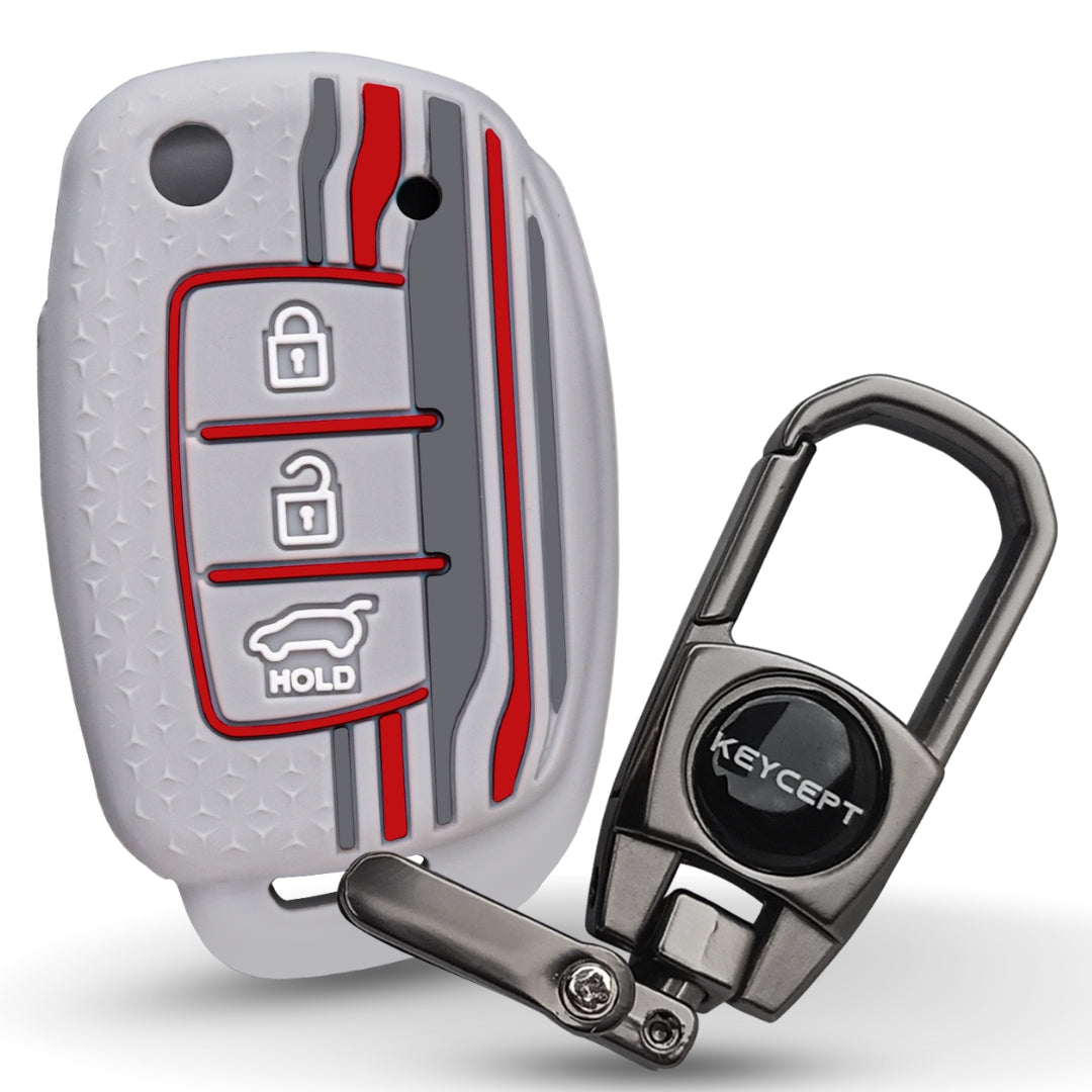Keycept Tristar Silicone Car Key Cover for Hyundai Creta, Venue, Aura, i20, Grand i10 Nios, Xcent 3 Button Flip Key with Keychain (Type K2)