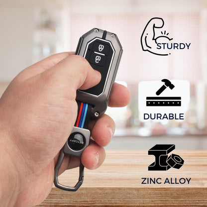 Metal Keycover for Suzuki Baleno, Swift, Ertiga, XL6, DZire, Fronx, Scross, Celerio, Ciaz, Brezza, Grand Vitara, Jimny, Ignis. 2 Button Smart Key With KeyChain.