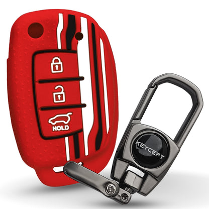 Keycept Tristar Silicone Car Key Cover for Hyundai Creta, Venue, Aura, i20, Grand i10 Nios, Xcent 3 Button Flip Key with Keychain (Type K2)