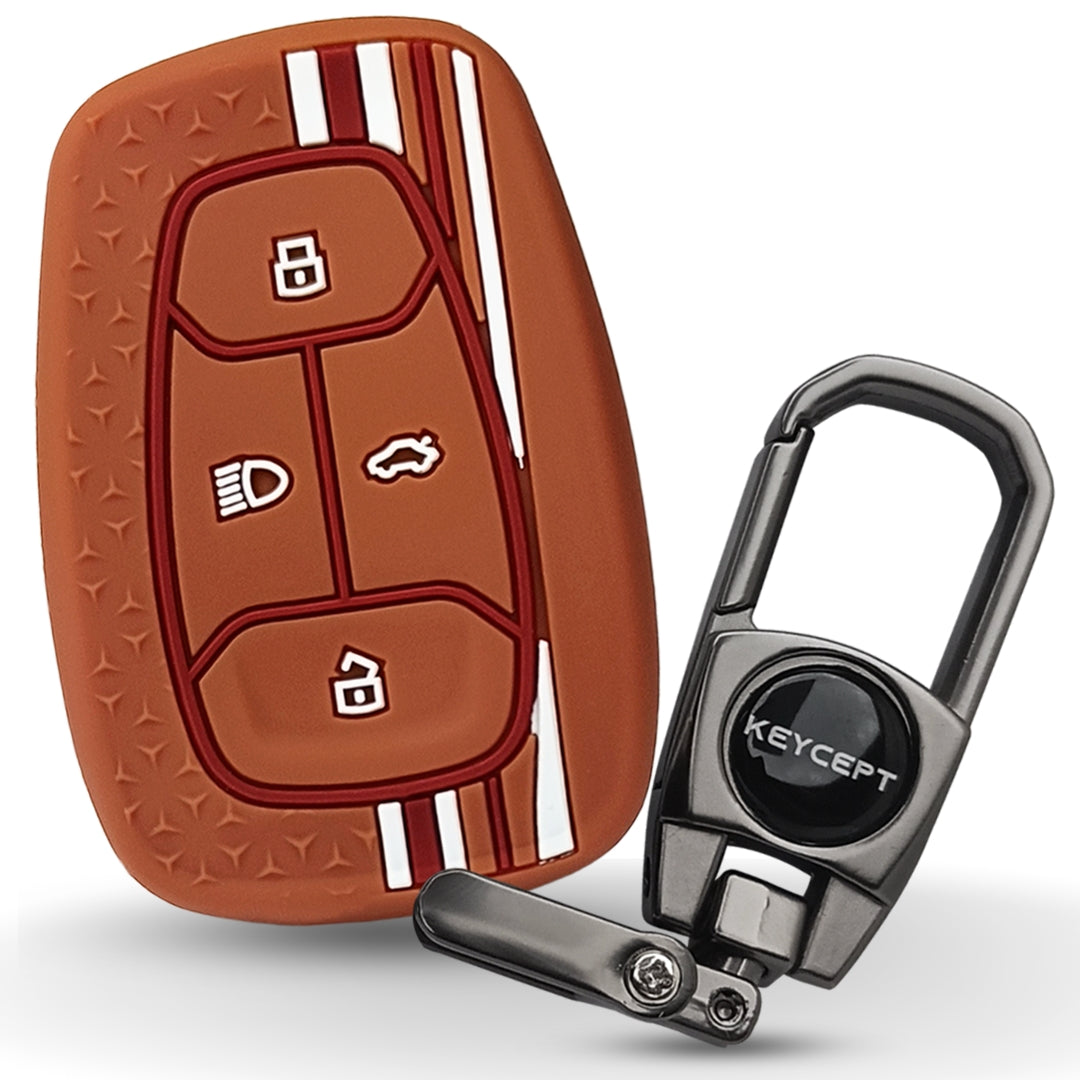 Brown TriStar Silicone Key Cover for Tata Nexon, Altroz, Harrier, Tigor, Punch, EV, Safari 2021 Smart Key with Keychain