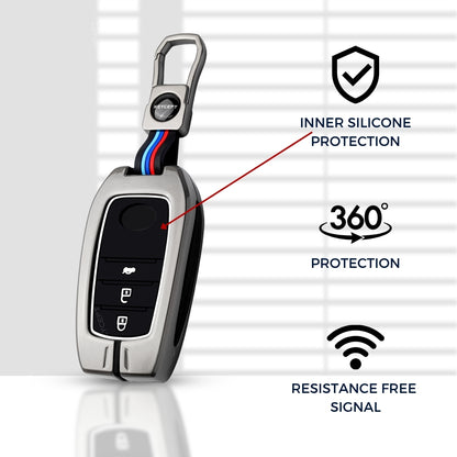 Keycept Metal Alloy Car Key Cover for Toyota Fortuner, Hilux, Innova Crysta, Legender, Innova HyCross, Land Cruiser Key Cover with Keychain (Dual Black & Tan)