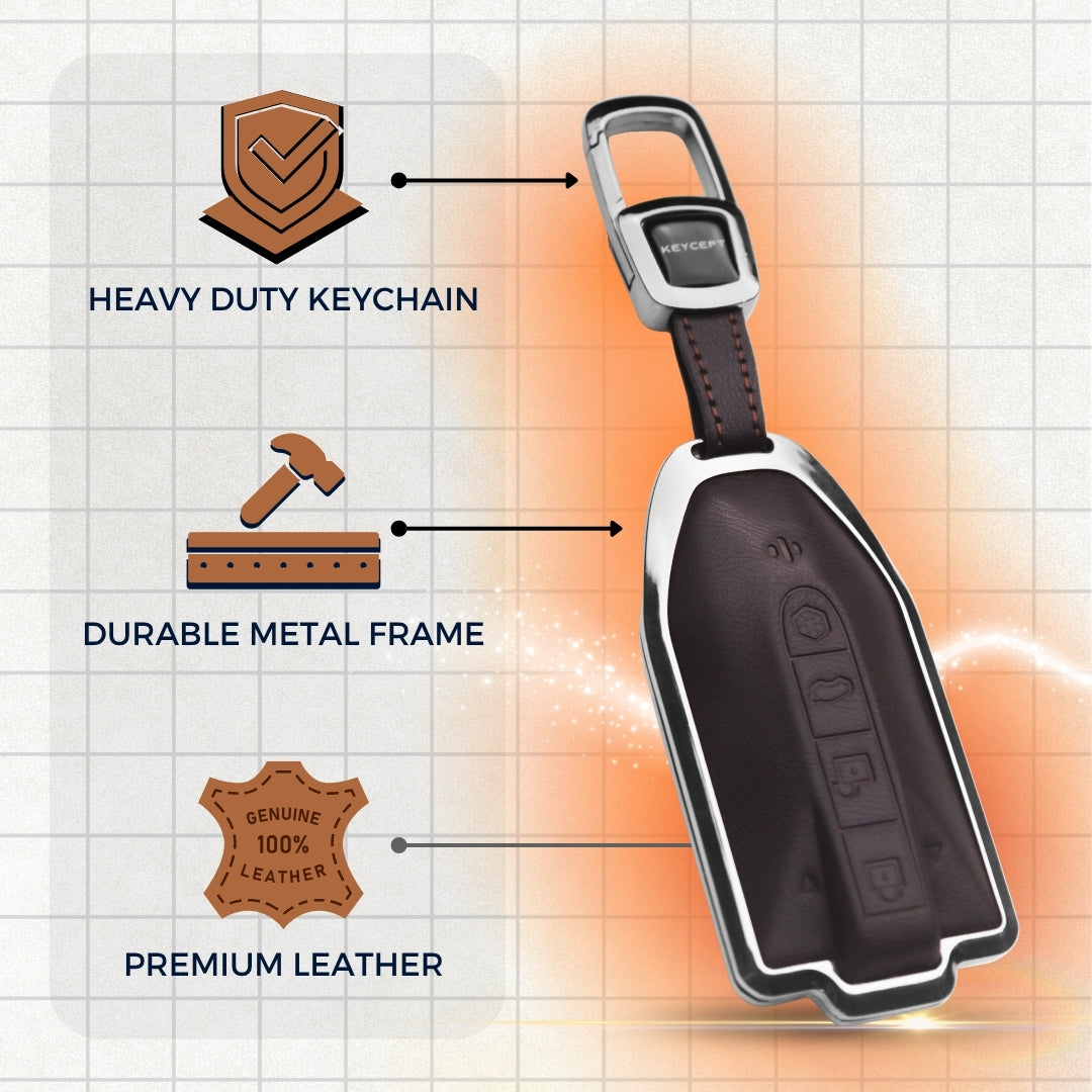 Mahindra Titane Crest Genuine Leather Car Key Cover with Keychain (Type M7)
