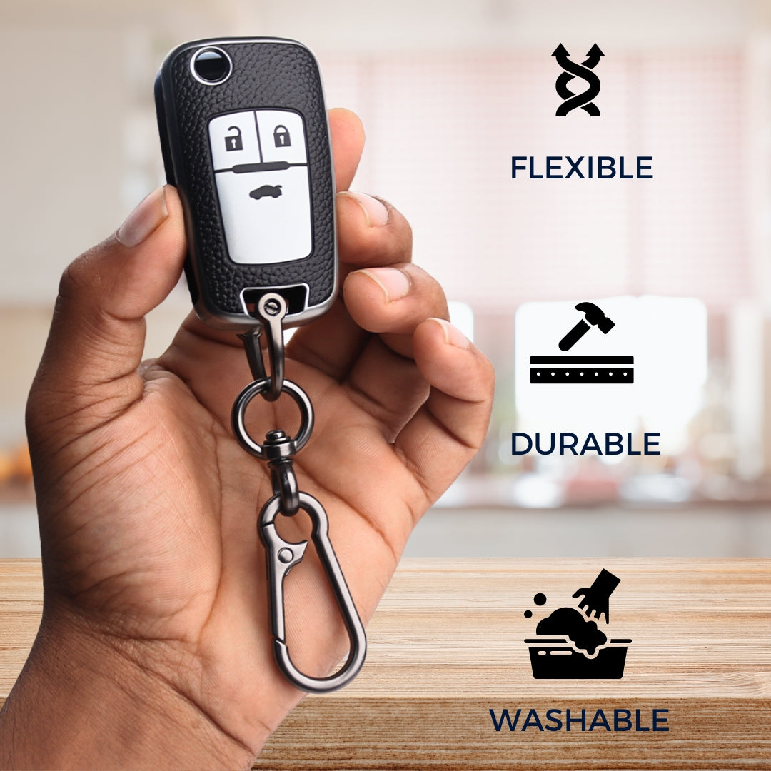 Keycept TPU Leather Car Key Cover for Chevrolet Cruze | Beat | Avio | Spark 3 Button Flip Key Only with keychain (Type K1)