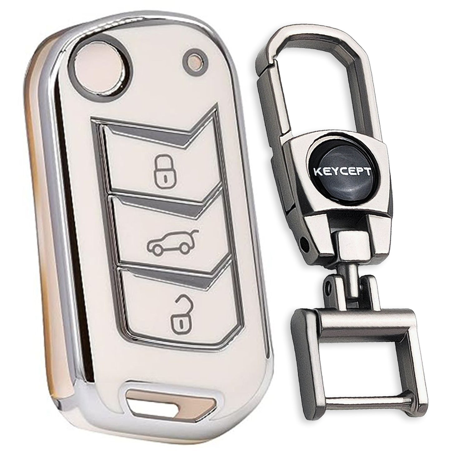 White Silver Line TPU Car Key Cover For Mahindra Scorpio, TUV, Bolero, 3XO, Thar, Thar Roxx, XUV 700 3 Button Flip Key WIth Keychain.