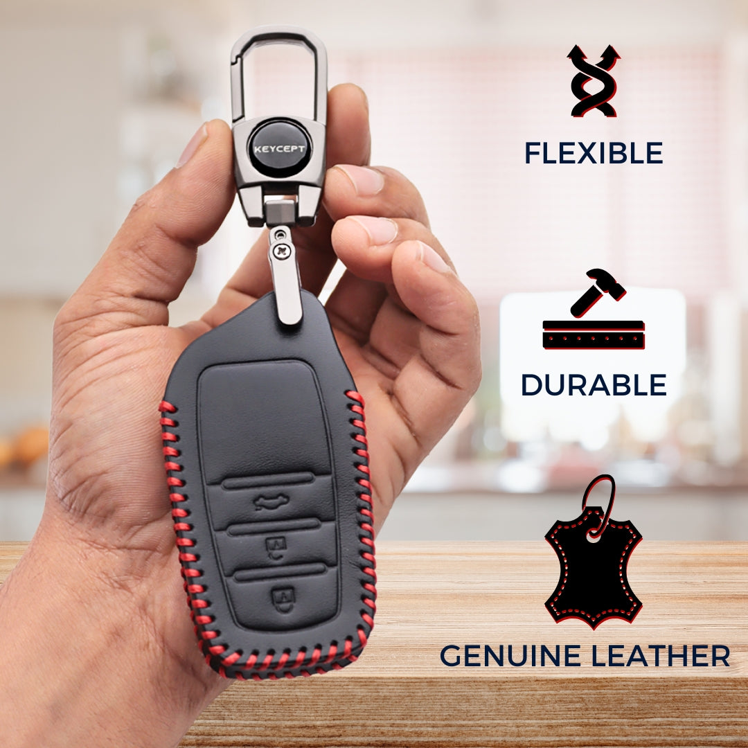 classic leather key cover For oyota Innova, Crysta, Fortuner 3 Button Smart key With Keychain.
