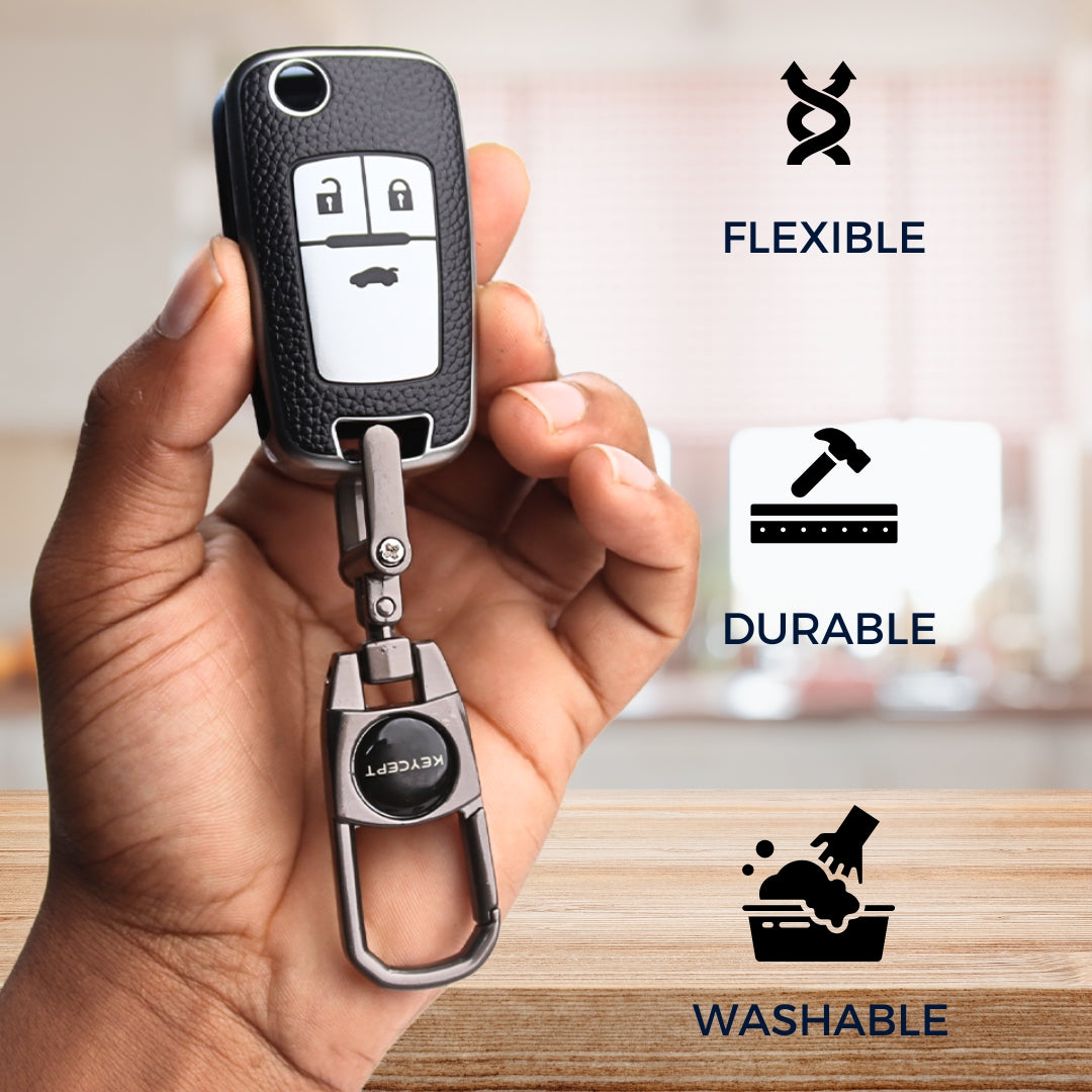 Keycept TPU Leather Car Key Cover for Chevrolet Cruze | Beat | Avio | Spark 3 Button Flip Key Only with keychain (Type K2)