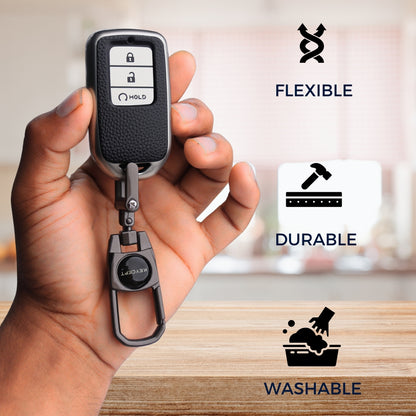 Keycept TPU Leather Car Key Cover for Honda City, Elevate, Civic, Jazz, Brio, Amaze, CR-V, WR-V, BR-V, Mobilio, Accord 3 Button Smart Key with keychain (Type K2)