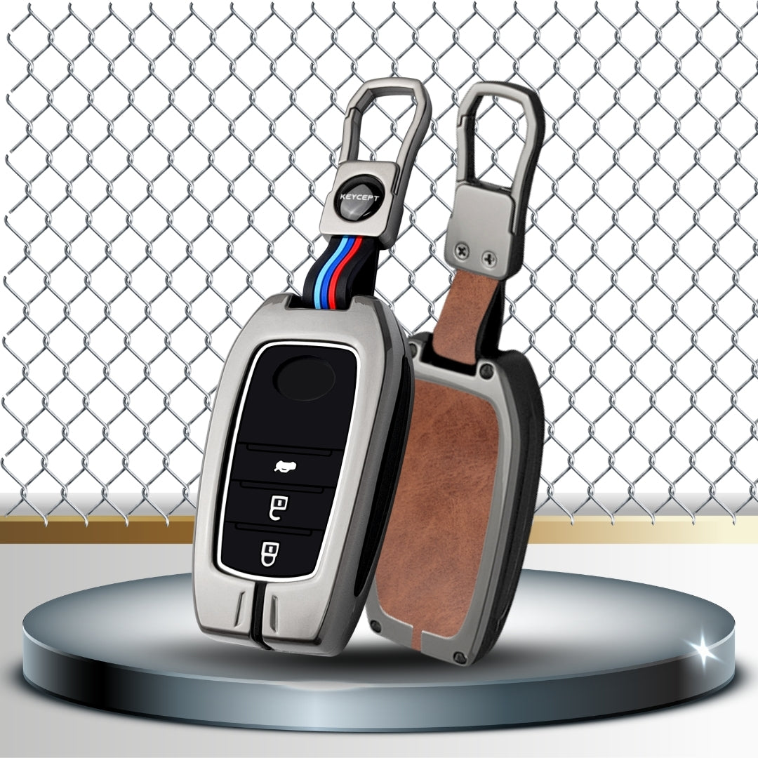 Keycept Metal Alloy Car Key Cover for Toyota Fortuner, Hilux, Innova Crysta, Legender, Innova HyCross, Land Cruiser Key Cover with Keychain (Dual Black & Tan)