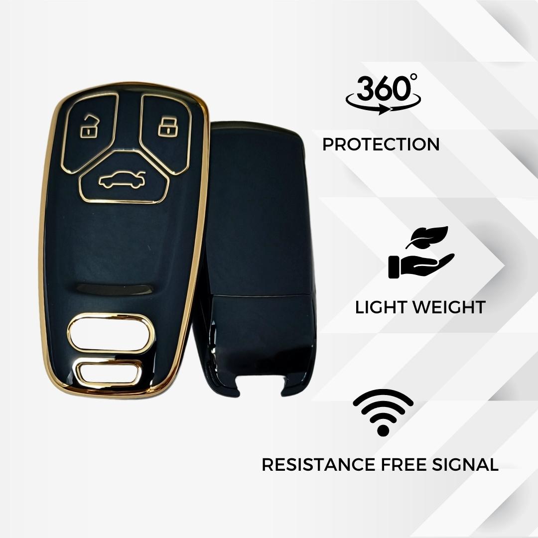 Black Gold Line TPU Key Cover for Audi A4, S4, B7, B8, A6, A5, A7, A8, Q5, S5, S6 & Q7 3 button smart key With Keychain