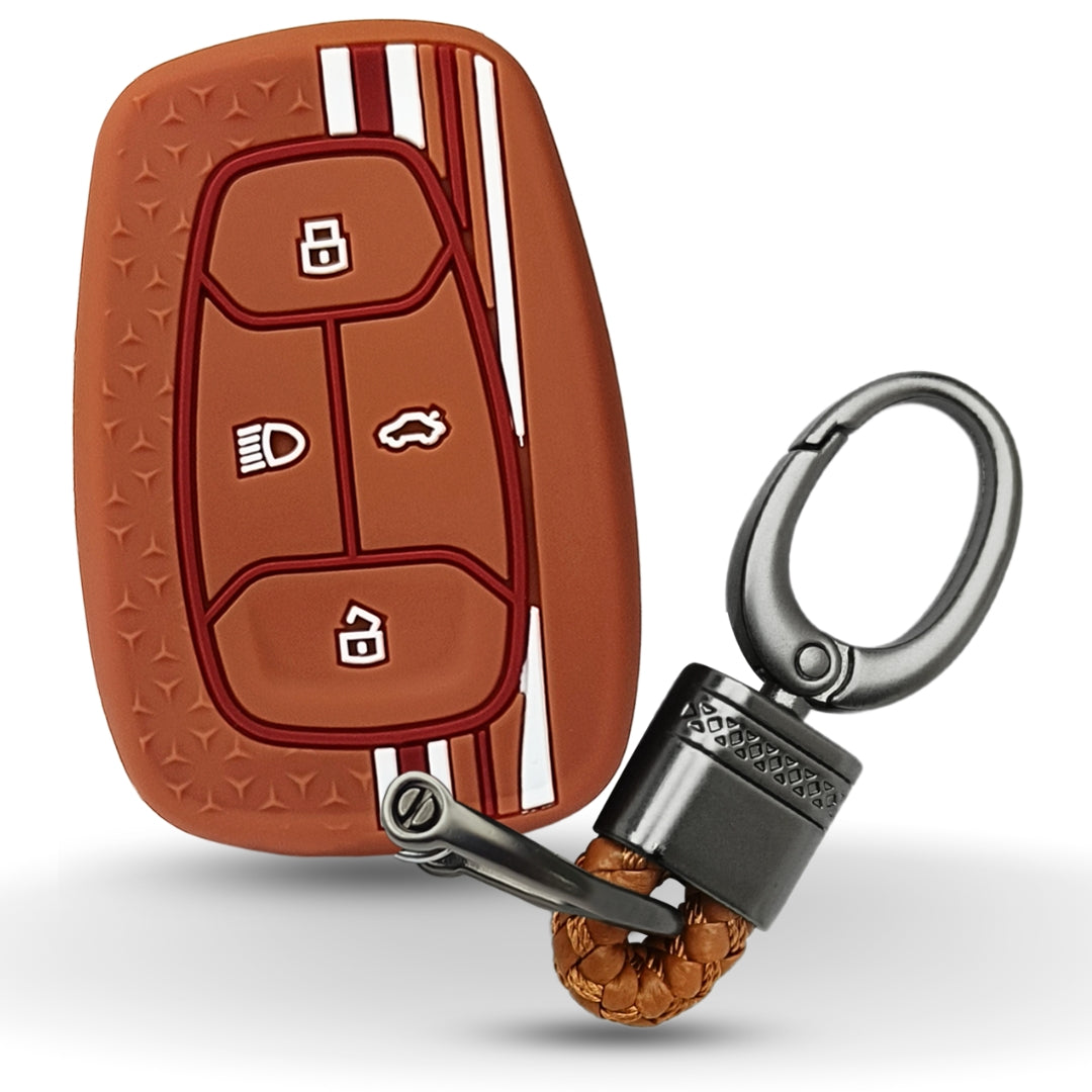 Brown TriStar Silicone Key Cover for Tata Nexon, Altroz, Harrier, Tigor, Punch, EV, Safari 2021 Smart Key with Keychain