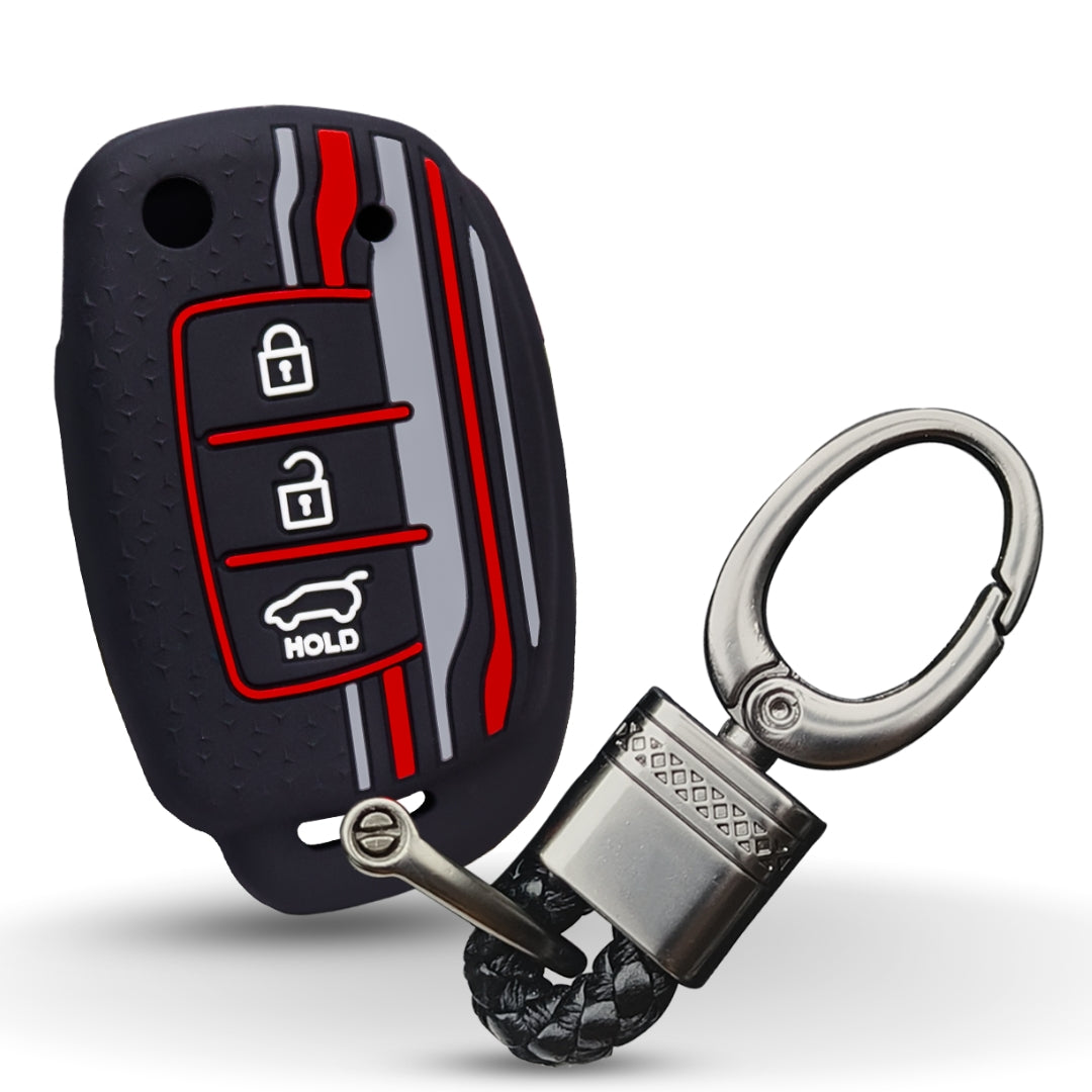 Keycept Tristar Silicone Car Key Cover for Hyundai Creta, Venue, Aura, i20, Grand i10 Nios, Xcent 3 Button Flip Key with Keychain (Type K4)