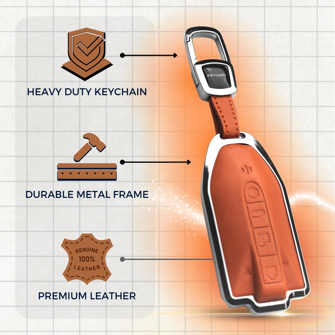 Mahindra Titane Crest Genuine Leather Car Key Cover with Keychain (Type M7)