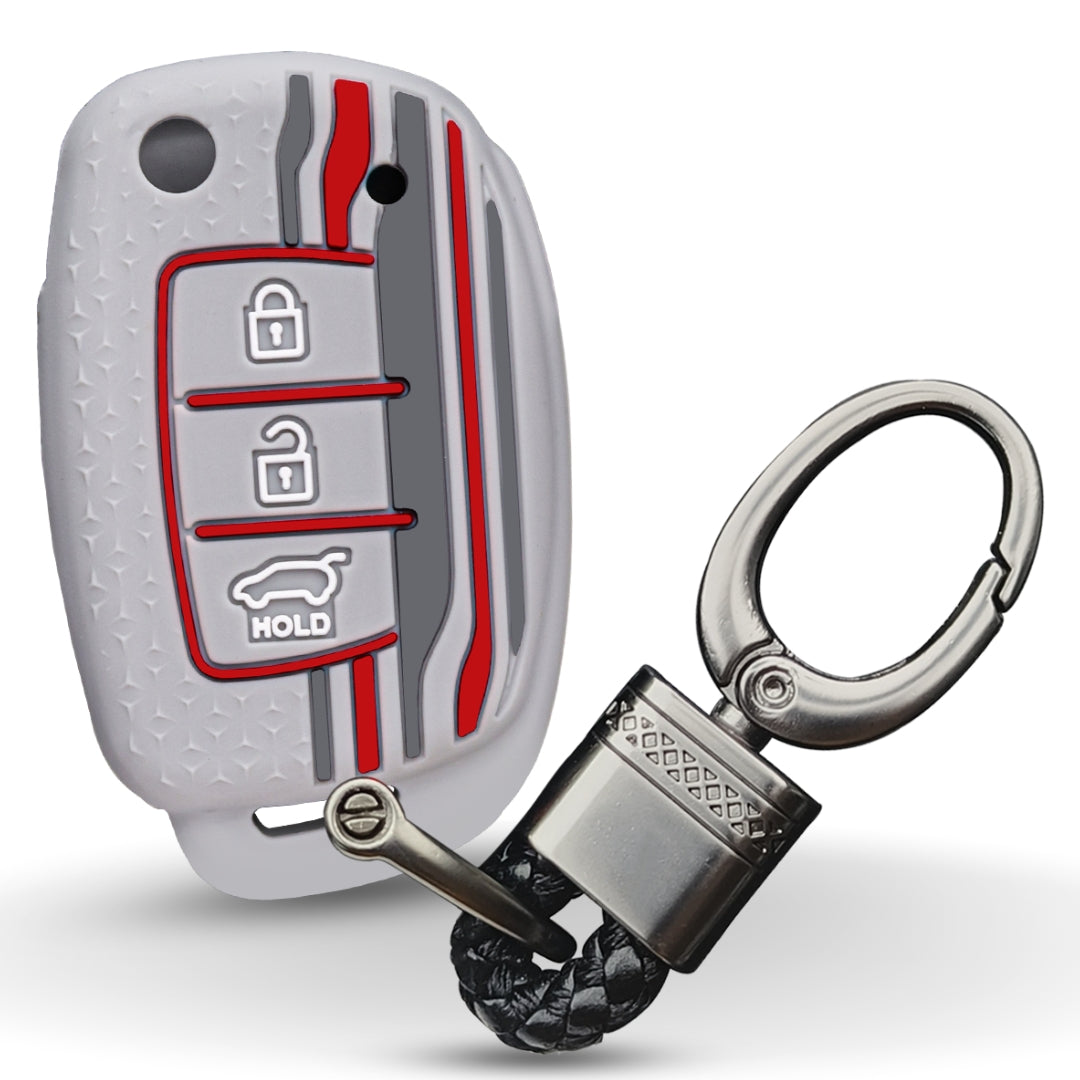 Keycept Tristar Silicone Car Key Cover for Hyundai Creta, Venue, Aura, i20, Grand i10 Nios, Xcent 3 Button Flip Key with Keychain (Type K4)
