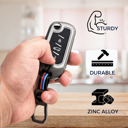 Keycept Metal Alloy Car Key Cover Compatible with Mahindra Scorpio, XUV 300, Marazzo, 3XO, XUV 400 EV, Bolero, Thar, TUV, Thar Roxx - 3 Button Flip Key Cover (Black And Tan)