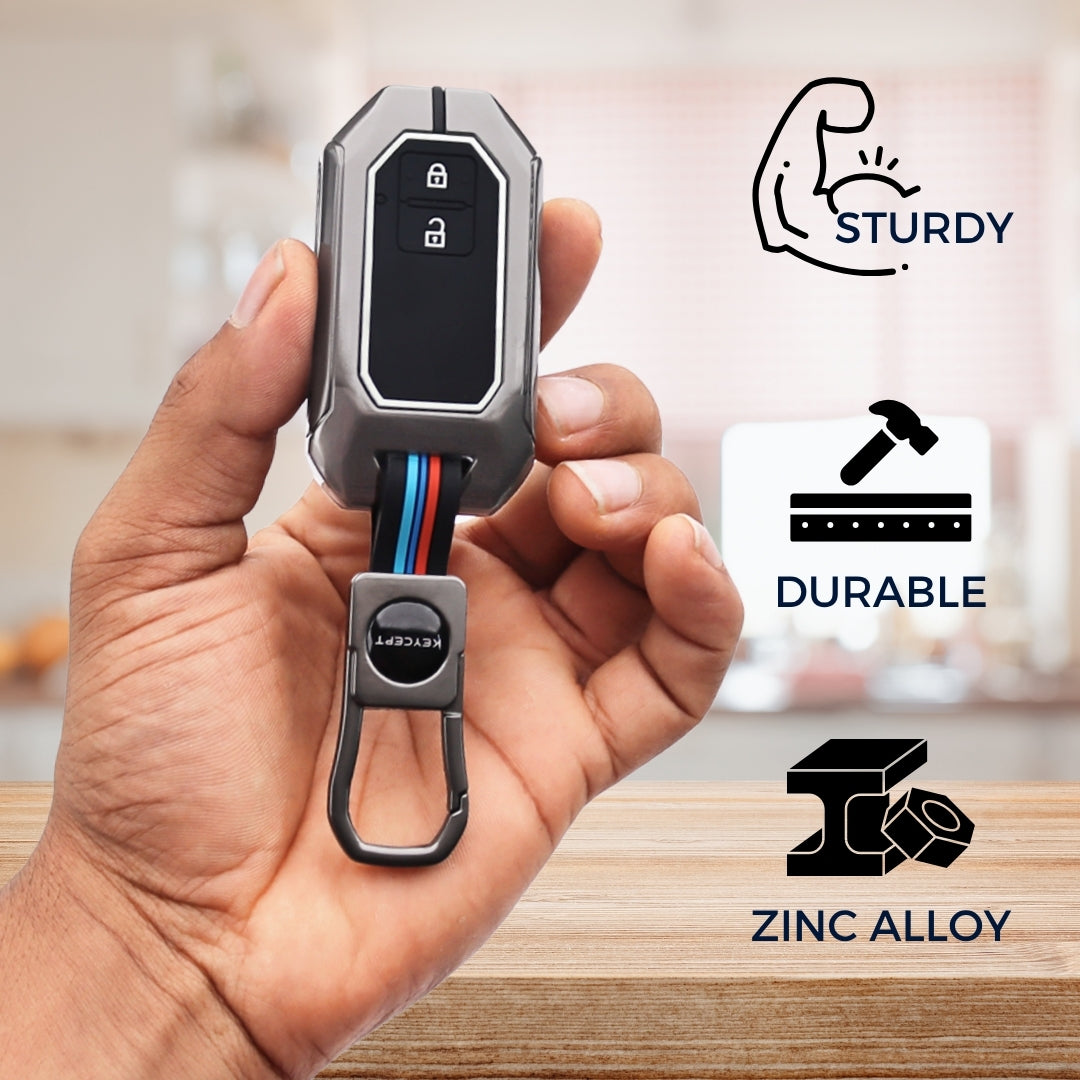 Suzuki Metal Alloy Car Key Cover with Keychain (Dual Black & Tan)