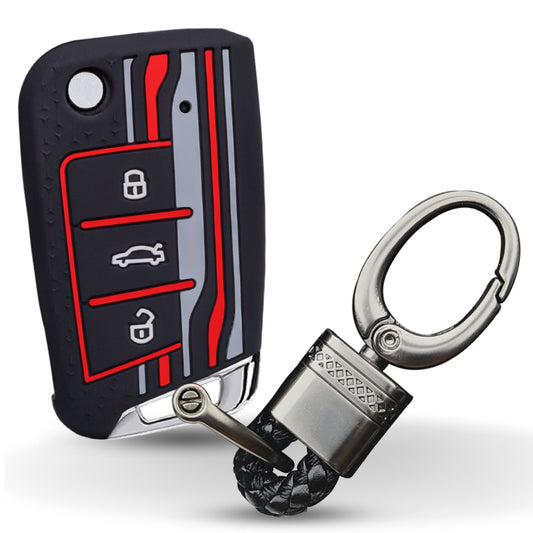 Keycept Tristar Silicone Car Key Cover for Skoda Kushaq, Octavia, Kodiaq, Superb, Slavia, Passat, Virtus, T Roc 3 Button Flip Key with Keychain (Type K4)