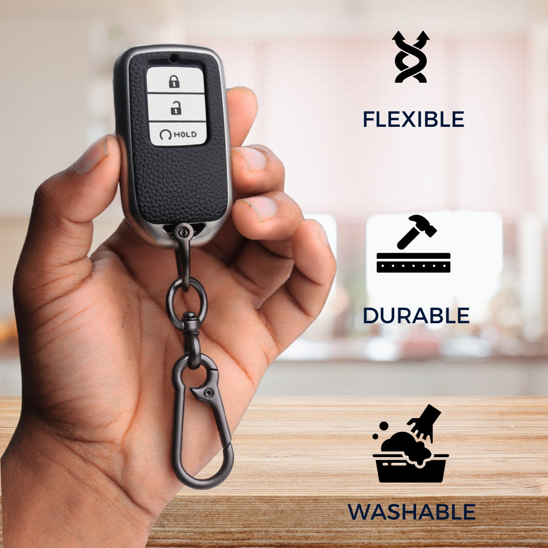 Keycept TPU Leather Car Key Cover for Honda City, Elevate, Civic, Jazz, Brio, Amaze, CR-V, WR-V, BR-V, Mobilio, Accord 3 Button Smart Key with keychain (Type K1)