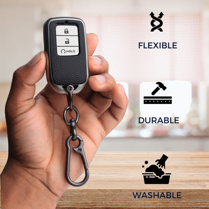 Keycept TPU Leather Car Key Cover for Honda City, Elevate, Civic, Jazz, Brio, Amaze, CR-V, WR-V, BR-V, Mobilio, Accord 3 Button Smart Key with keychain (Type K1)