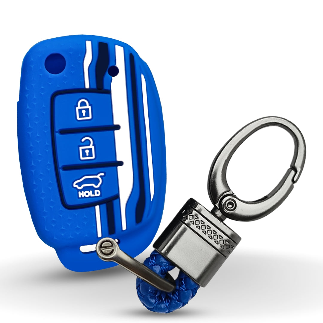 Keycept Tristar Silicone Car Key Cover for Hyundai Creta, Venue, Aura, i20, Grand i10 Nios, Xcent 3 Button Flip Key with Keychain (Type K4)