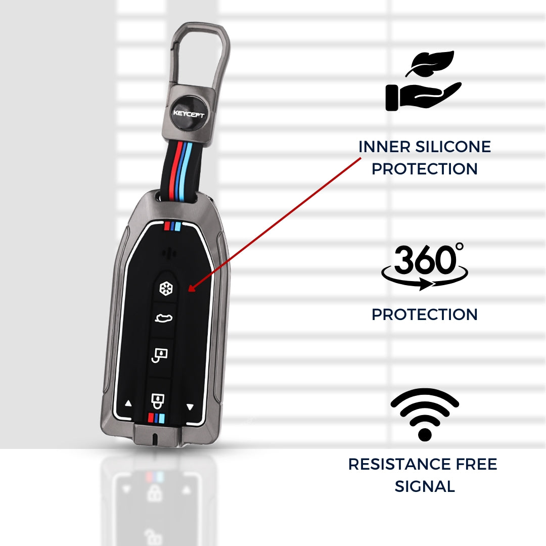 Keycept Metal Alloy Key Cover Compatible with Mahindra XEV 9e & BE 6e – 4/6 Button Smart Key Cover with Keychain (Type M1)