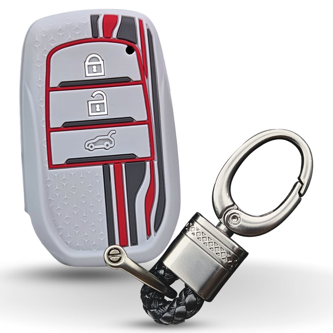 Grey TriStar Silicone Key Cover for Toyota Innova, Crysta, Hycross & Fortuner 3 Button Smart Key with Keychain