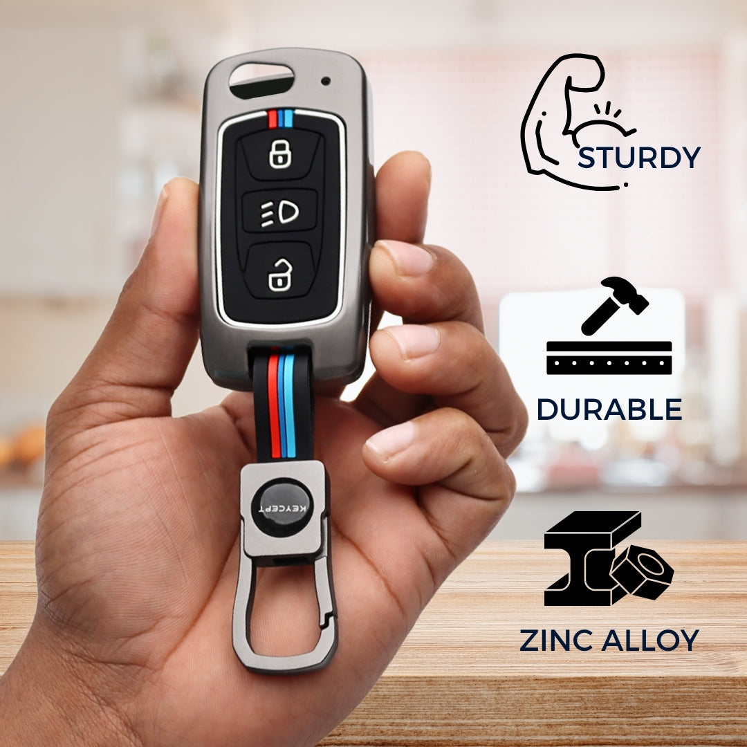 Keycept Metal Alloy Car Key Cover for Tata Tigor, Bolt, Nexon, Hexa, Zest, Tiago, Punch, Safari, Altroz, Storme 3 button Flip Key Cover with Keychain (Dual Black & Tan)