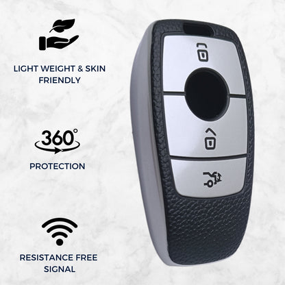 Leather Key Cover Compatible for Mercedes Benz E Series 3 Button Smart Key