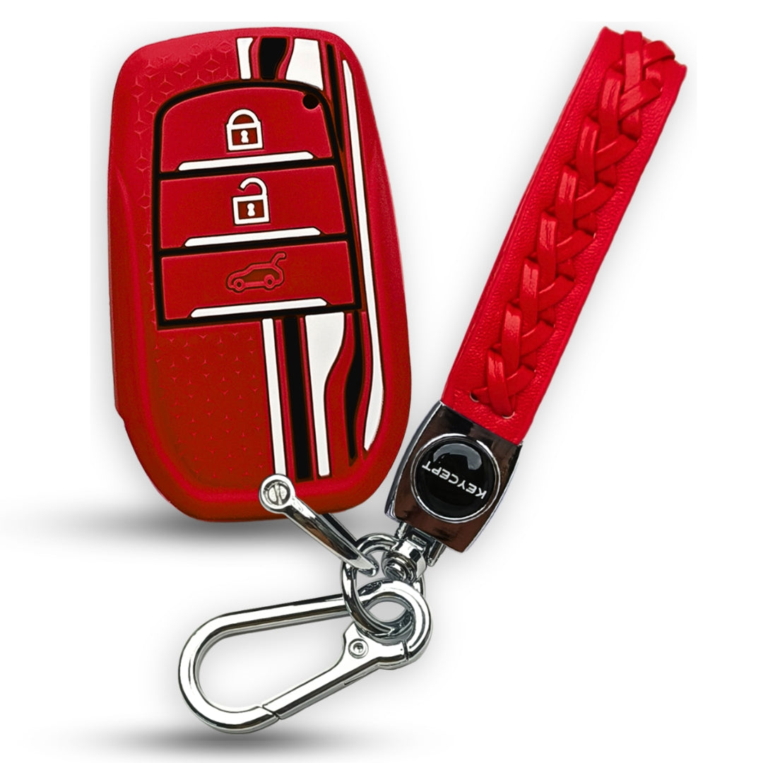 Red TriStar Silicone Key Cover for Toyota Innova, Crysta, Hycross & Fortuner 3 Button Smart Key with Keychain