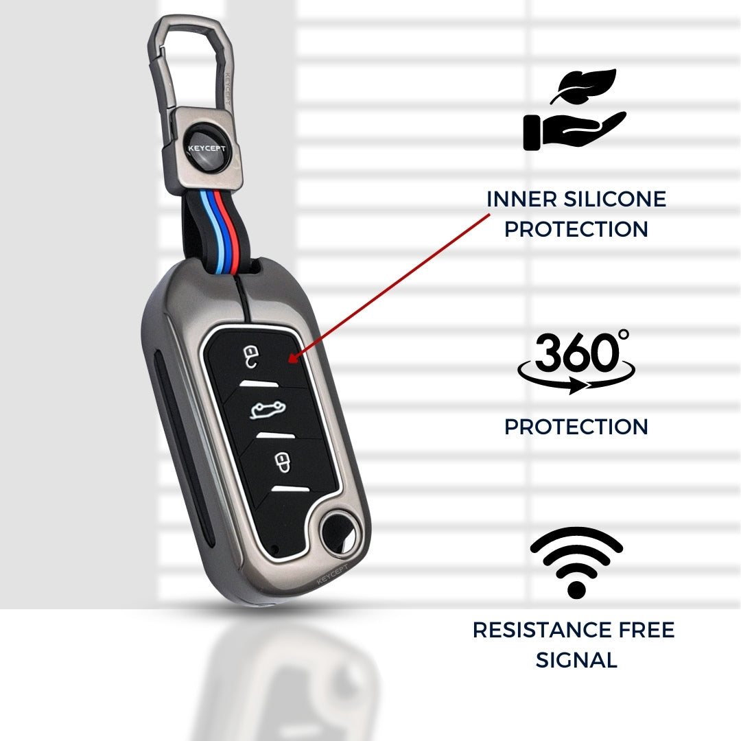 Keycept Metal Alloy Car Key Cover Compatible with Mahindra Scorpio, XUV 300, Marazzo, 3XO, XUV 400 EV, Bolero, Thar, TUV, Thar Roxx - 3 Button Flip Key Cover (Black And Tan)