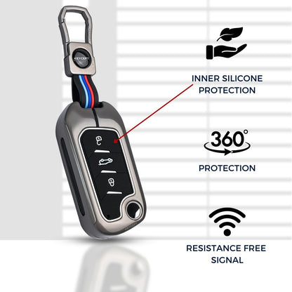 Keycept Metal Alloy Car Key Cover Compatible with Mahindra Scorpio, XUV 300, Marazzo, 3XO, XUV 400 EV, Bolero, Thar, TUV, Thar Roxx - 3 Button Flip Key Cover (Black And Tan)