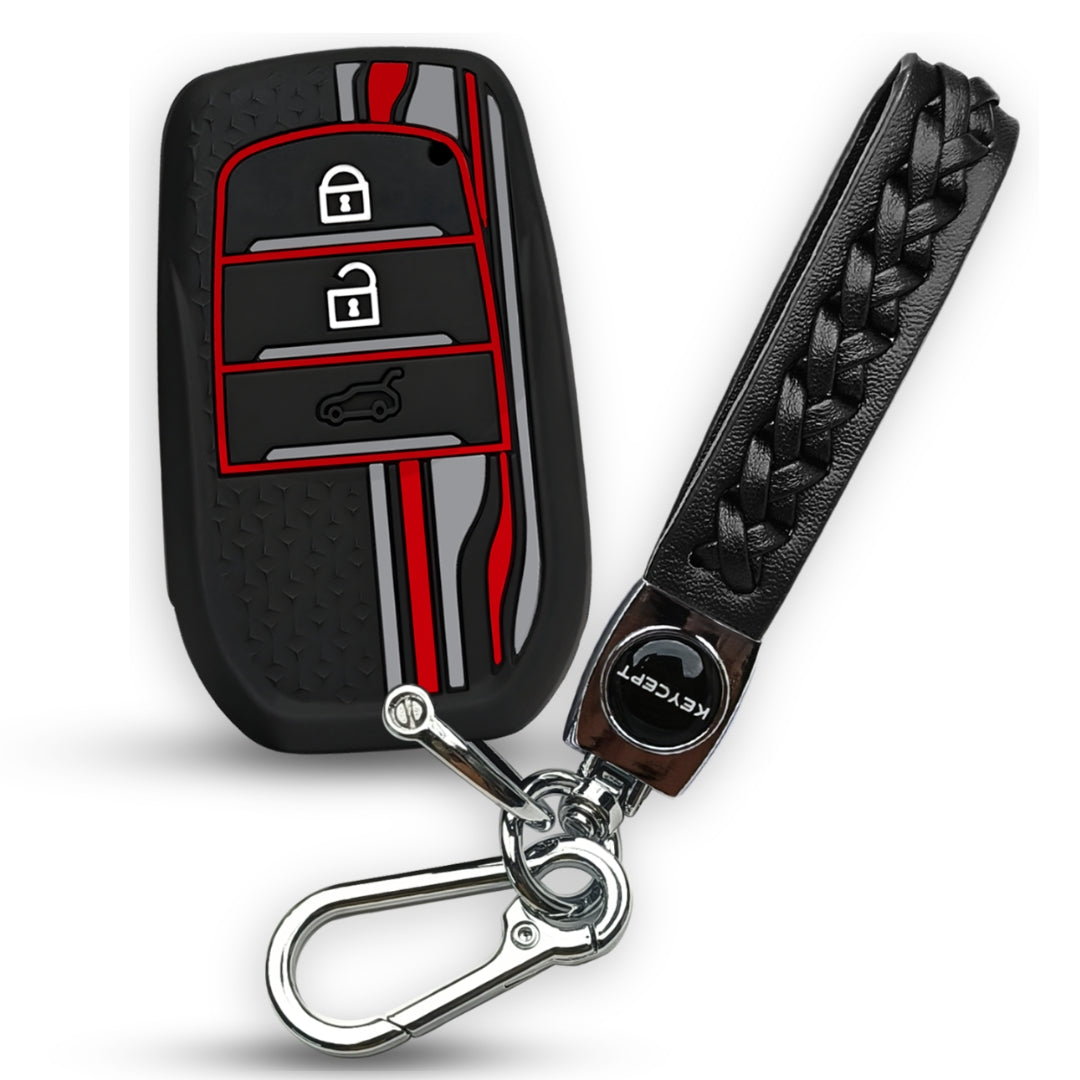 Black TriStar Silicone Key Cover for Toyota Innova, Crysta, Hycross & Fortuner 3 Button Smart Key with Keychain