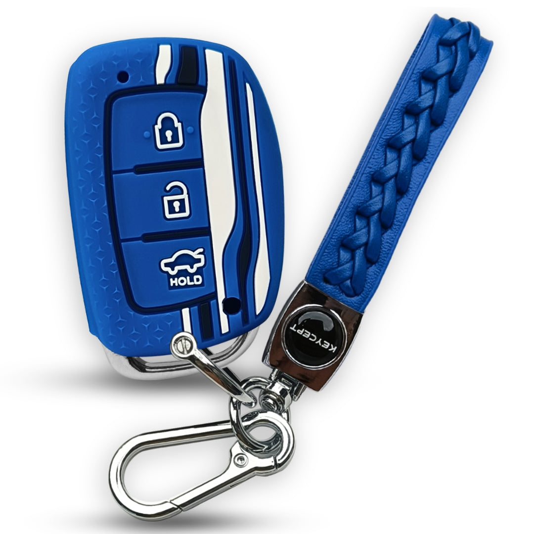 Blue TriStar Silicone Key Cover for Hyundai Creta, Venue, Aura, i20, Grand i10 Nios, Xcent with Keychain