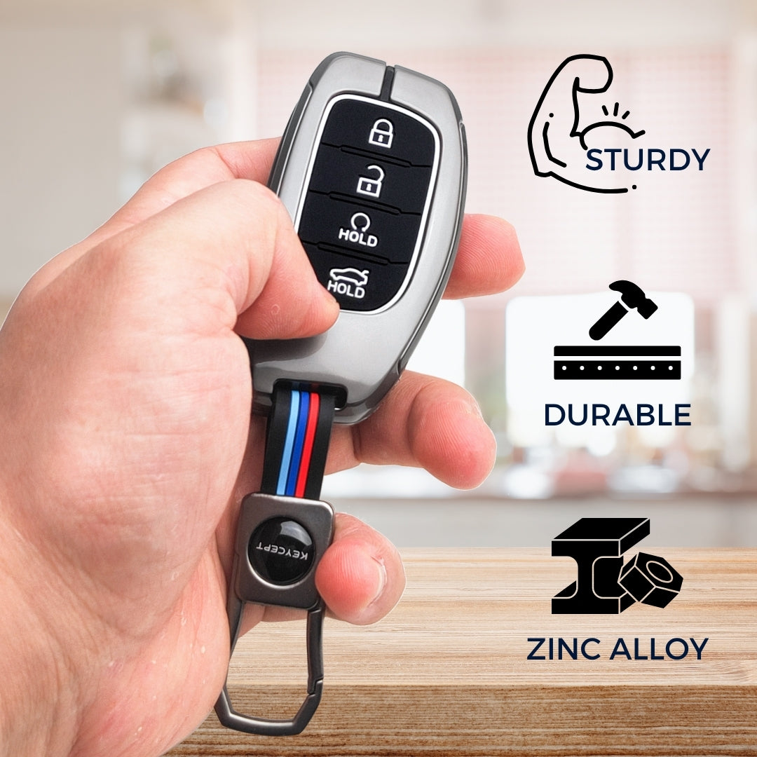 Keycept Metal Alloy Car Key Cover for Hyundai Alcazar, Creta, Tucson - 4 Button Smart Key with Keychain (Dual Black & Tan)