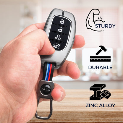 Keycept Metal Alloy Car Key Cover for Hyundai Alcazar, Creta, Tucson - 4 Button Smart Key with Keychain (Dual Black & Tan)