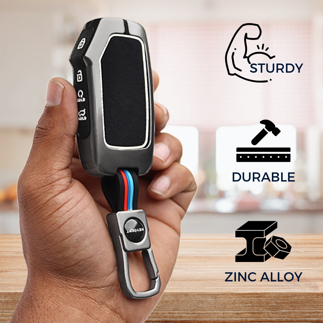Keycept Metal Alloy Key Cover Compatible with Kia Seltos, Sonet 2023, Carens Clavis, Carens Clavis EV, EV6, Carens Prestige Plus - 4 Button Smart Key with Keychain (Dual Black & Tan)