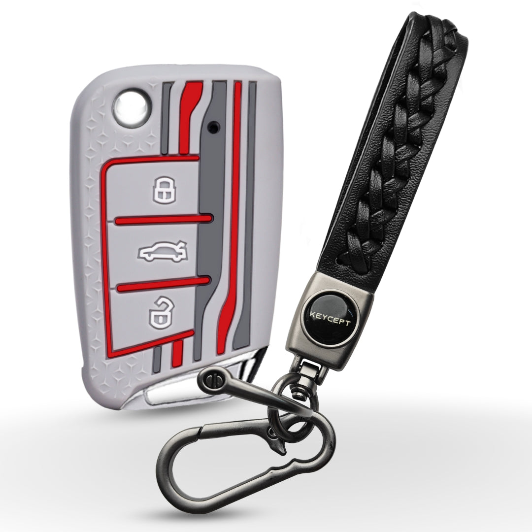 Keycept Tristar Silicone Car Key Cover for Skoda Kushaq, Octavia, Kodiaq, Superb, Slavia, Passat, Virtus, T Roc 3 Button Flip Key with Keychain (Type K5)