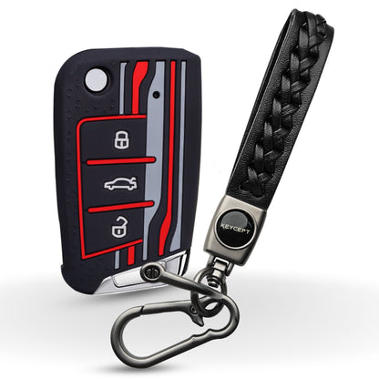 Keycept Tristar Silicone Car Key Cover for Skoda Kushaq, Octavia, Kodiaq, Superb, Slavia, Passat, Virtus, T Roc 3 Button Flip Key with Keychain (Type K5)