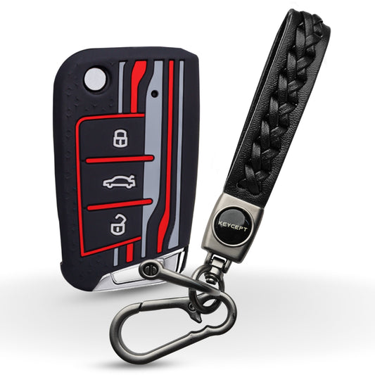 Keycept Tristar Silicone Car Key Cover for Skoda Kushaq, Octavia, Kodiaq, Superb, Slavia, Passat, Virtus, T Roc 3 Button Flip Key with Keychain (Type K5)