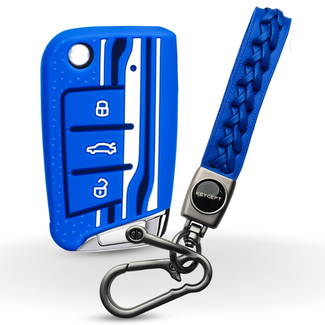 Keycept Tristar Silicone Car Key Cover for Skoda Kushaq, Octavia, Kodiaq, Superb, Slavia, Passat, Virtus, T Roc 3 Button Flip Key with Keychain (Type K5)