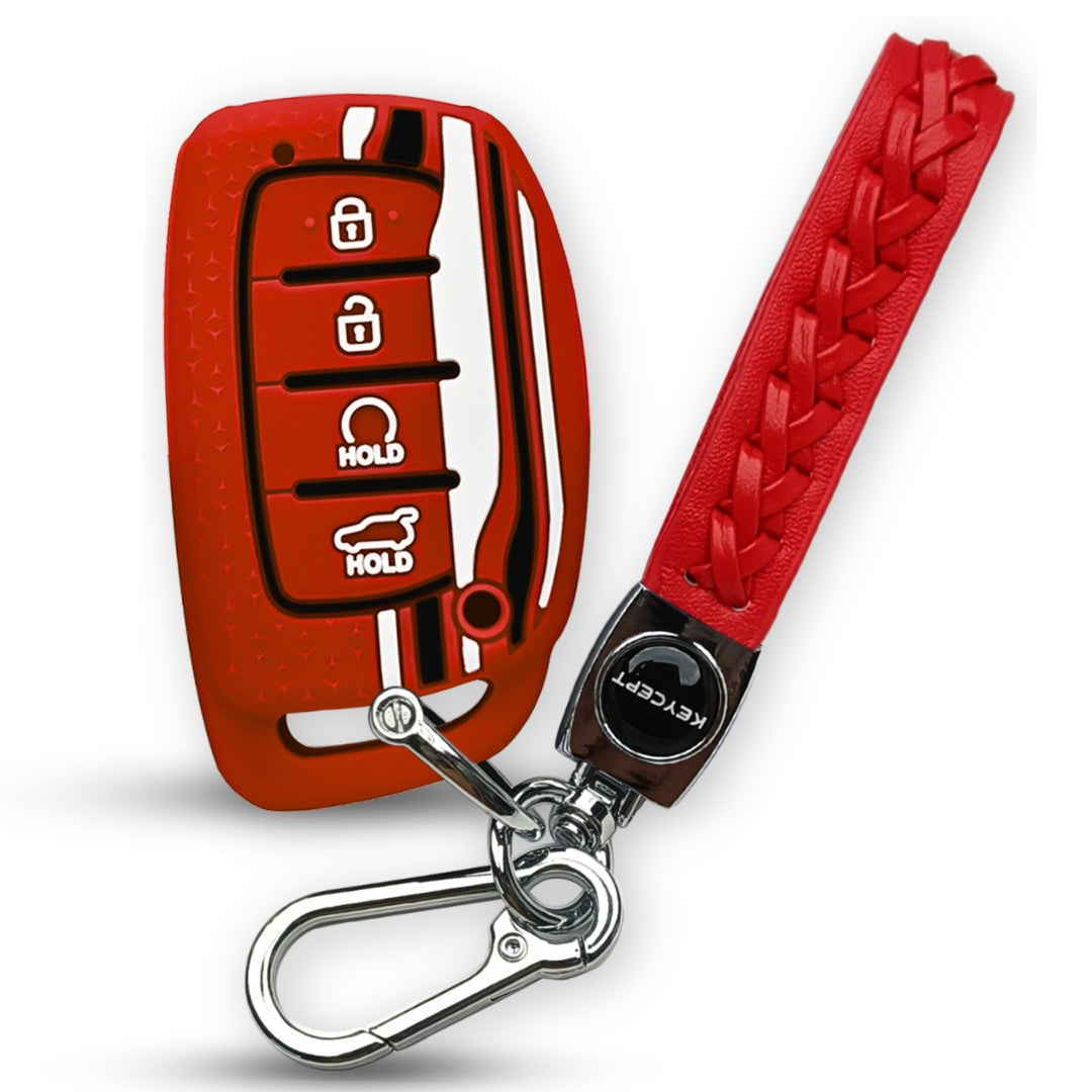 Red TriStar Silicone Key Cover for Hyundai Alcazar, Creta 2021+ With Keychain