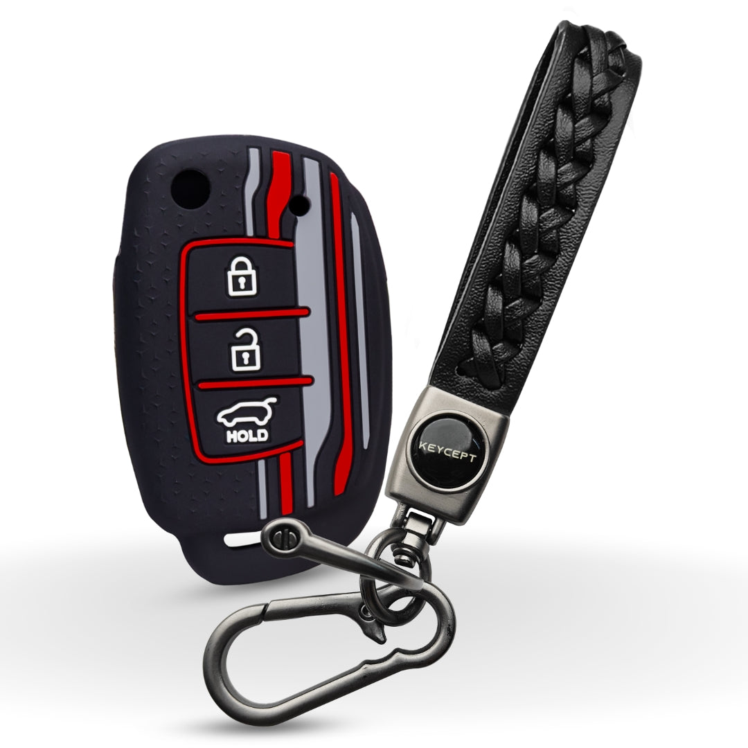 Keycept Tristar Silicone Car Key Cover for Hyundai Creta, Venue, Aura, i20, Grand i10 Nios, Xcent 3 Button Flip Key with Keychain (Type K5)